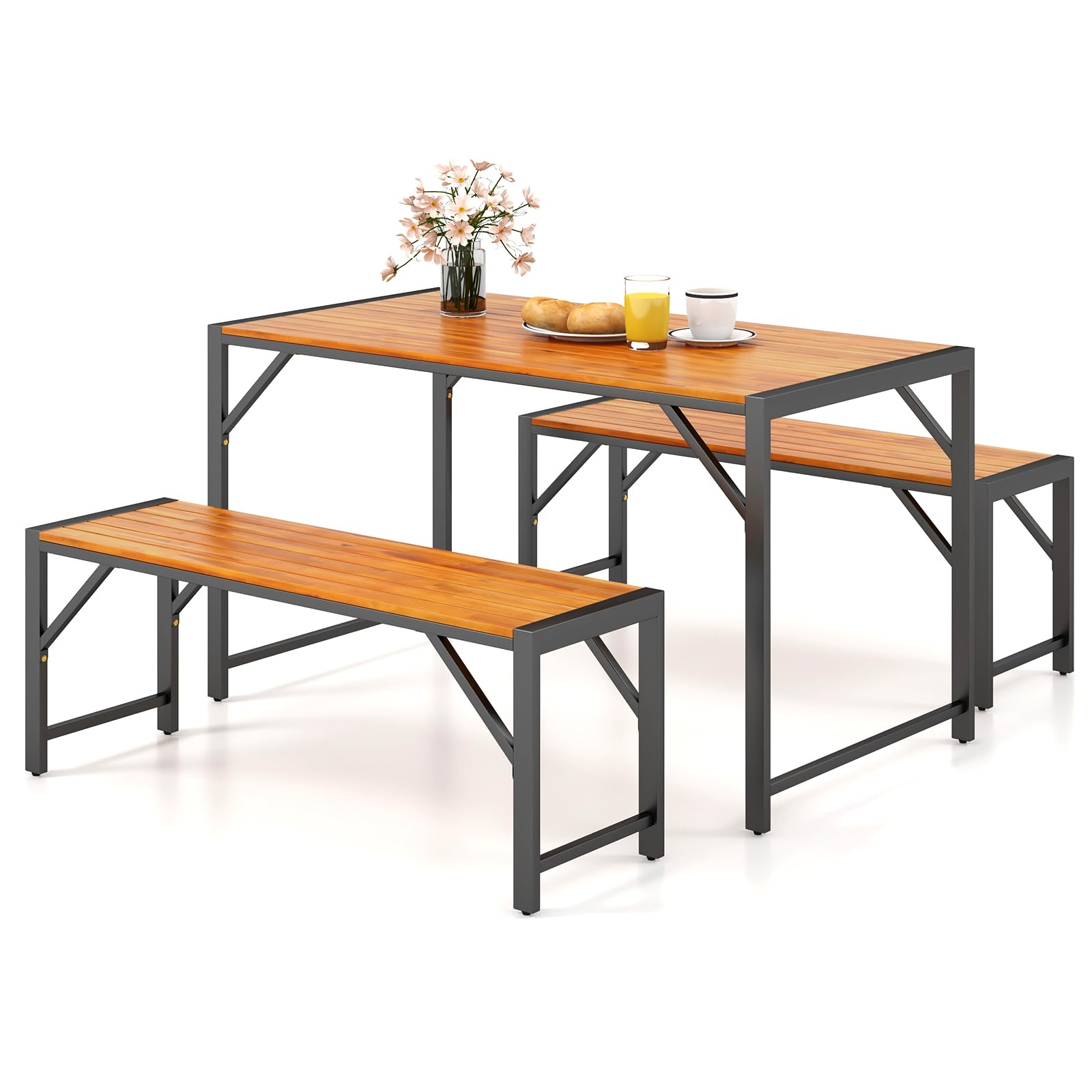Ensemble de salle à manger Tangkula 3 pièces pour 6 personnes, table de pique-nique d'extérieur et 2 bancs, table à manger en bois d'acacia de 135 cm